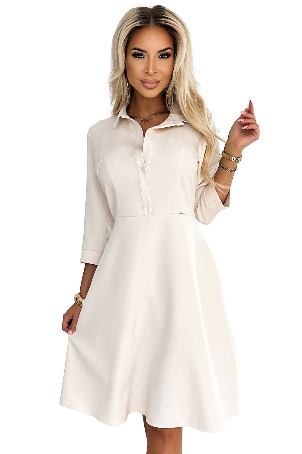 Numoco 286-7 SANDY Flared shirt dress with a belt - beige-6