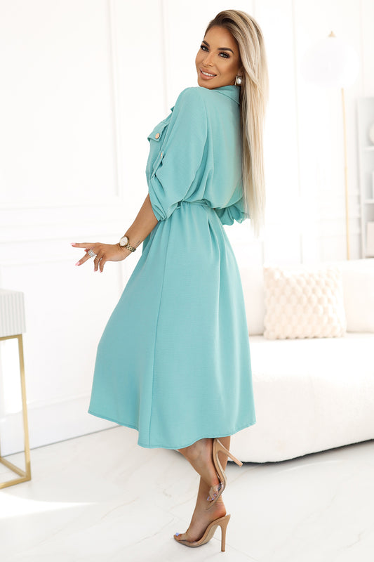 Numoco Basic 531-2 Midi shirt dress with gold buttons and ties - mint-1