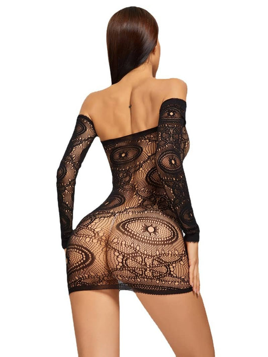 Black Off Shoulder Long Sleeve Black Dress With Fishne Back Show