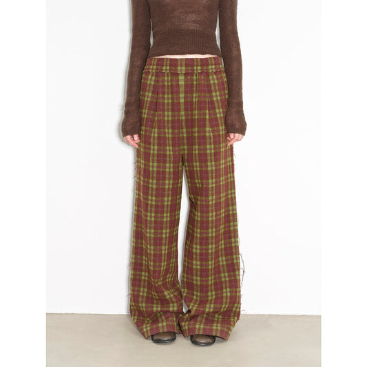 "Vintage Opportunity" High-Proportion Merino Wool Single Pleated Plaid Tweed Low-Rise Wide-Leg Casual Pants-1