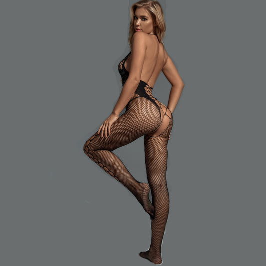Wholesale Halterneck Crotchless Fishnet Body with Diamonds Back Display