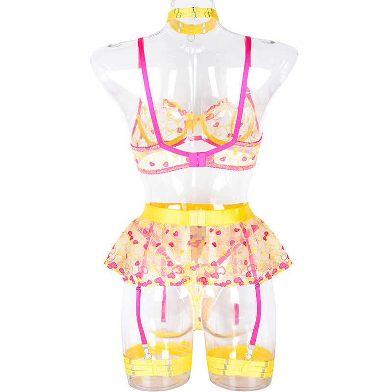 Wholesale Lace and Eyelash Bra and Panty Set with Love Embroidery Back Show