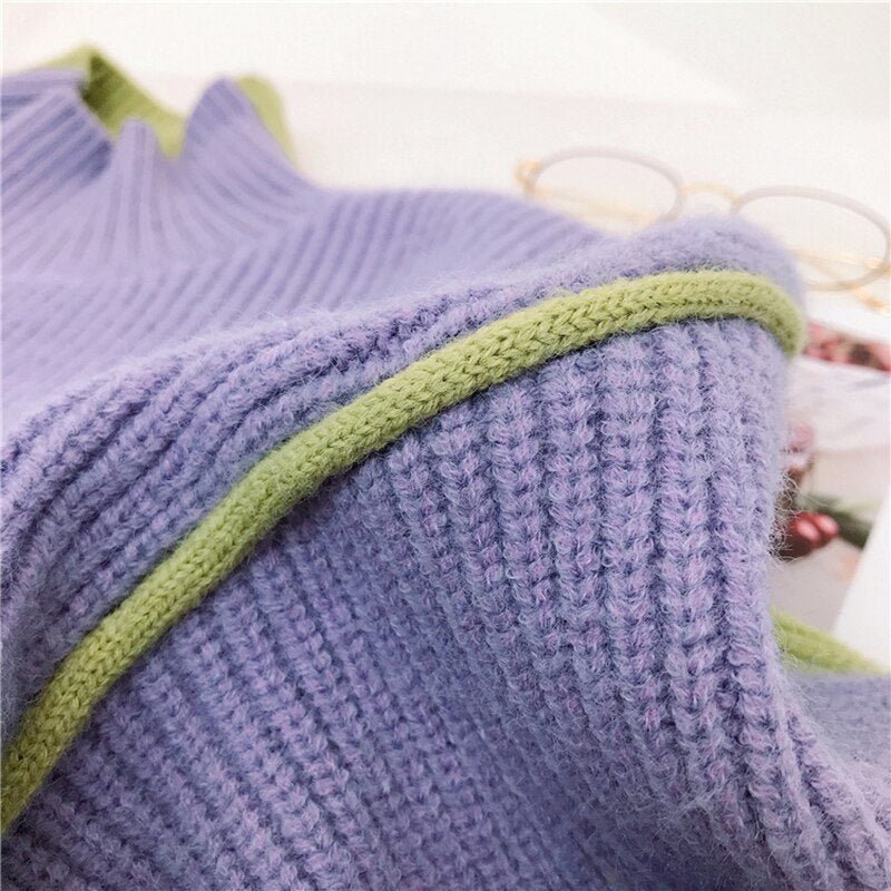 Cold Winter Women Knitted Turtleneck Thicken Sweaters Casual Basic Pullover Jumper Patchwork Long Sleeve Loose Tops-4