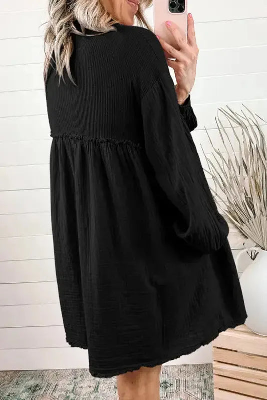 Cotton Crinkle Shirt Dress - Black-1