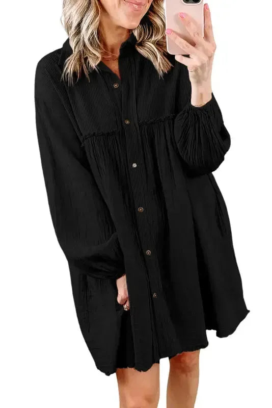 Cotton Crinkle Shirt Dress - Black-3