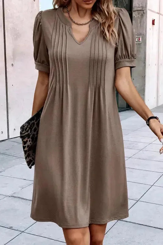 Desert Palm Notched Neck Pleated Puff Sleeve Shift T-shirt Dress-4