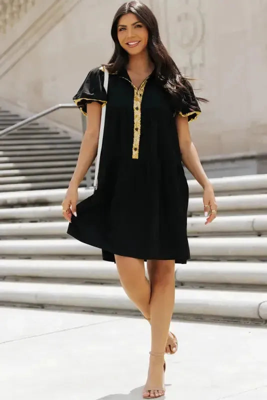 Game Day Shirt Dress - Black Sequin Trim-4