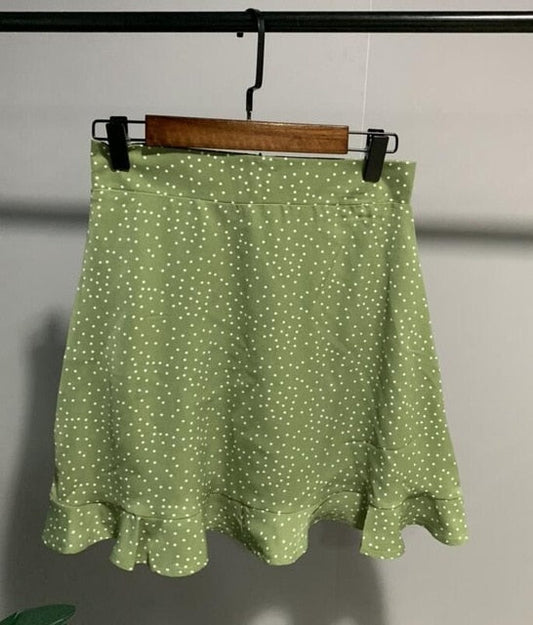 Women Dots Mini Skirt Green White Saia High Waistline Faldas sexy Skirts Summer-1