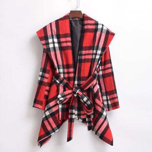 Women Winter Wool Jacket Coat Vintage Turn Down Shawl Collar Plaid Woolen Blend Overcoat Tops Outwear-1