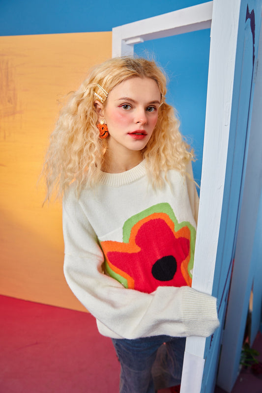 Floral Jacquard Casual Knit Pullover Women Sweaters,Winter ELF Vintage Drop Shoulder Sleeve,Korean Ladeis Daily Top-1