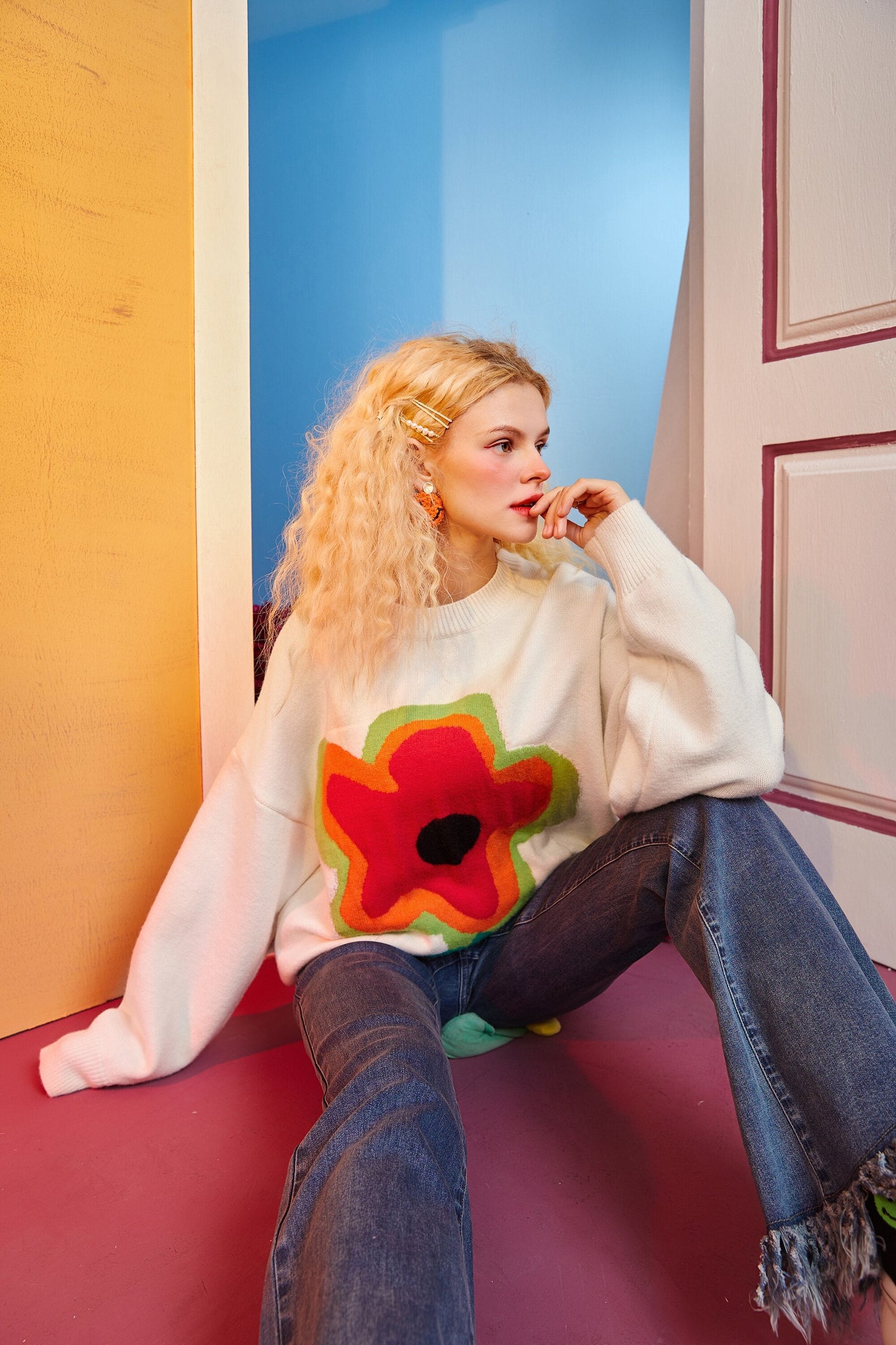 Floral Jacquard Casual Knit Pullover Women Sweaters,Winter ELF Vintage Drop Shoulder Sleeve,Korean Ladeis Daily Top-4