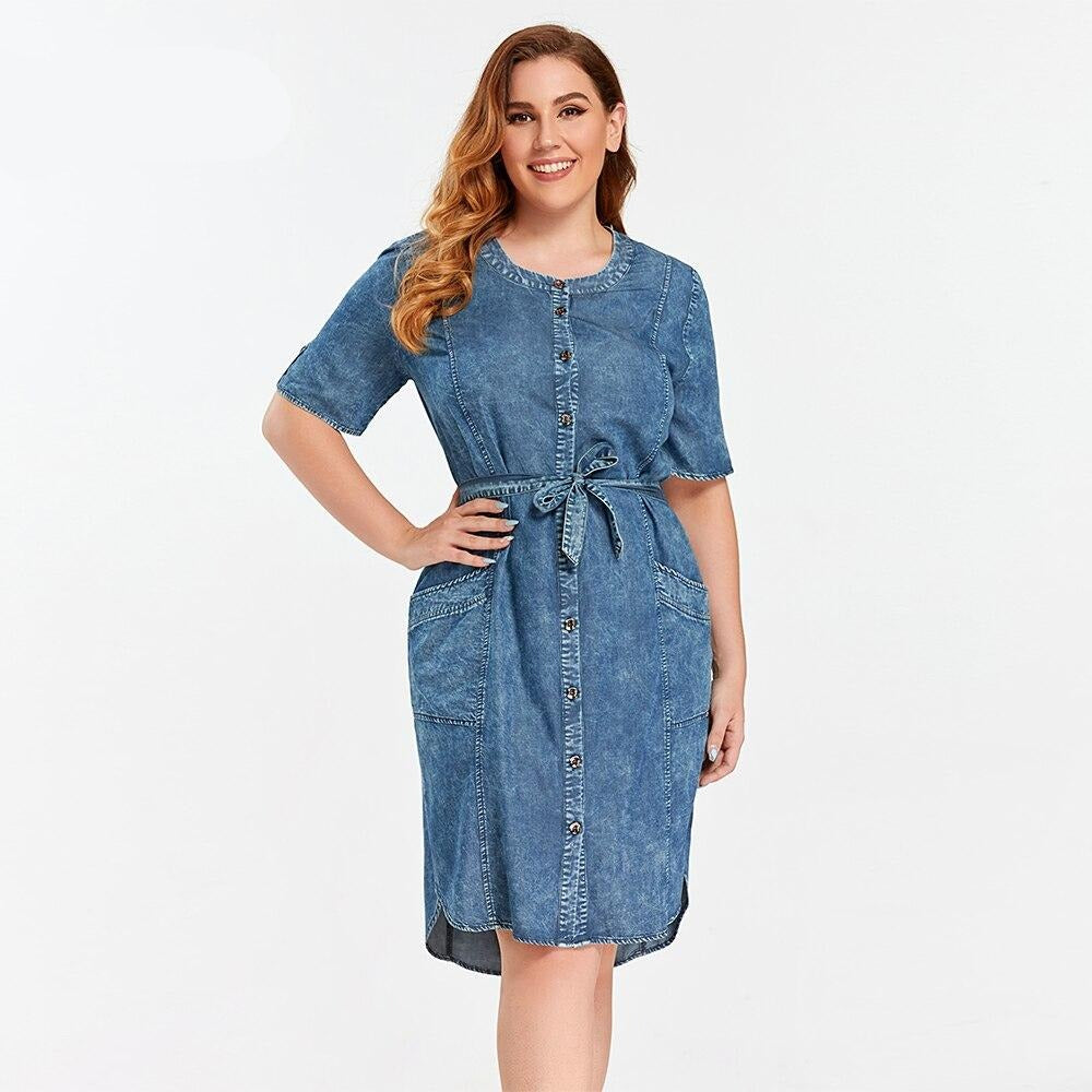 Women's Plus Size Denim Dress Summer Slim Fit Dress Casual Dress Woven Denim Short Sleeve -LengtKneeh with Sashes-0