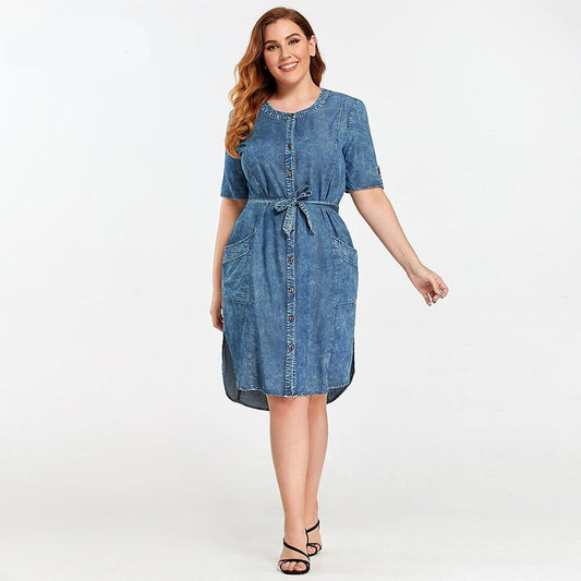Women's Plus Size Denim Dress Summer Slim Fit Dress Casual Dress Woven Denim Short Sleeve -LengtKneeh with Sashes-1