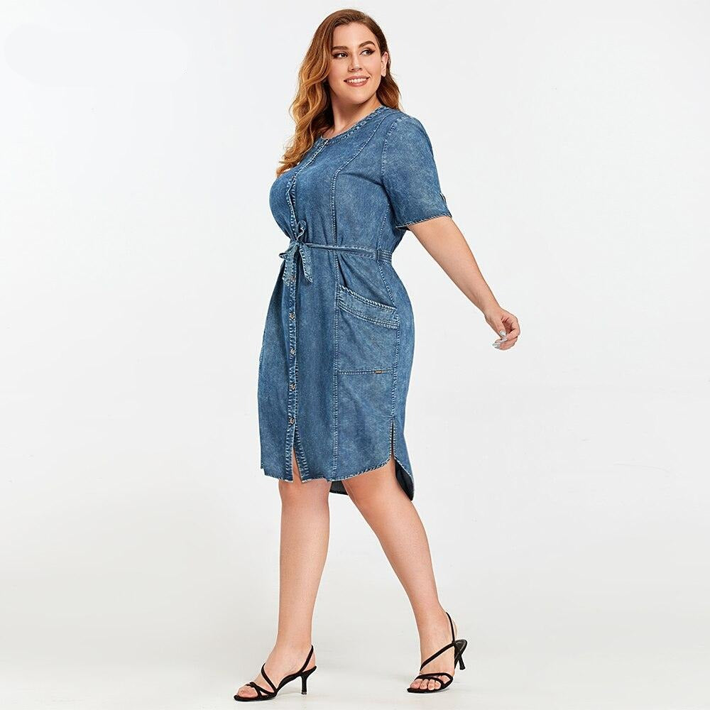 Women's Plus Size Denim Dress Summer Slim Fit Dress Casual Dress Woven Denim Short Sleeve -LengtKneeh with Sashes-2