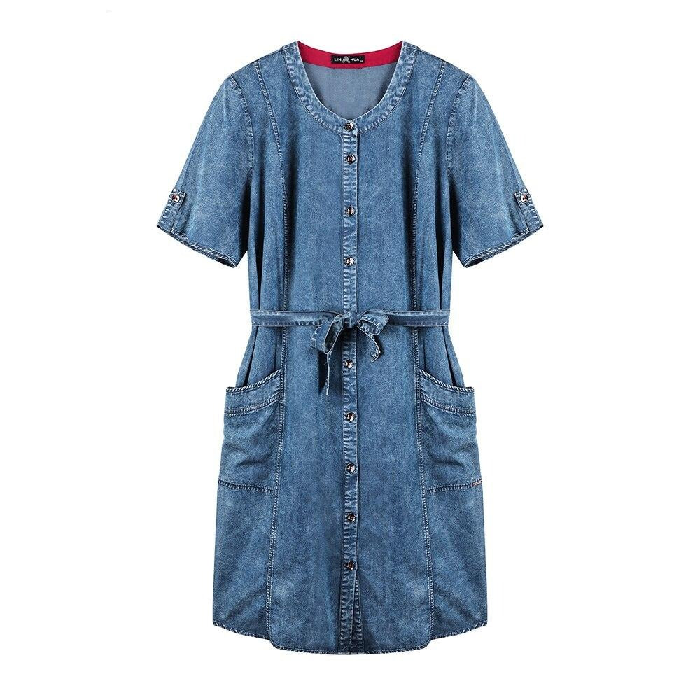 Women's Plus Size Denim Dress Summer Slim Fit Dress Casual Dress Woven Denim Short Sleeve -LengtKneeh with Sashes-4