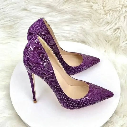Purple Embossed Stiletto Pumps-1