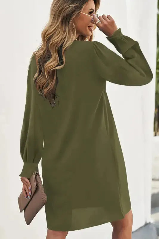 Shirt Dress - Green Split V Neck Ruffled Sleeves-1
