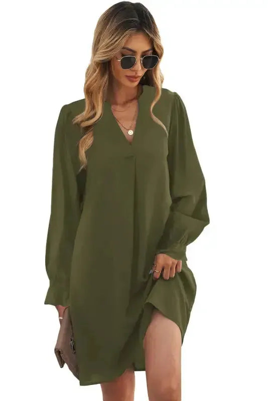 Shirt Dress - Green Split V Neck Ruffled Sleeves-4
