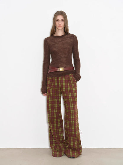 "Vintage Opportunity" High-Proportion Merino Wool Single Pleated Plaid Tweed Low-Rise Wide-Leg Casual Pants-0
