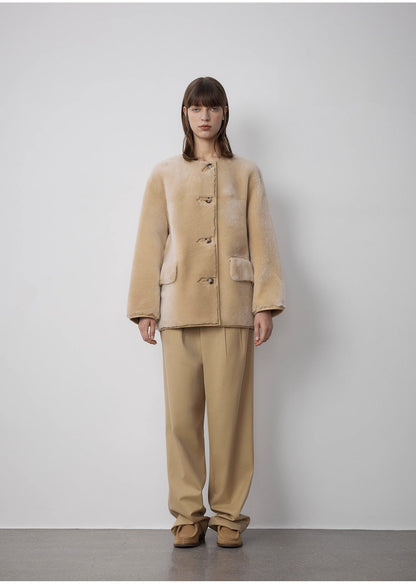"Retro Time" Merino women's winter short round neck sheepskin jacket-4