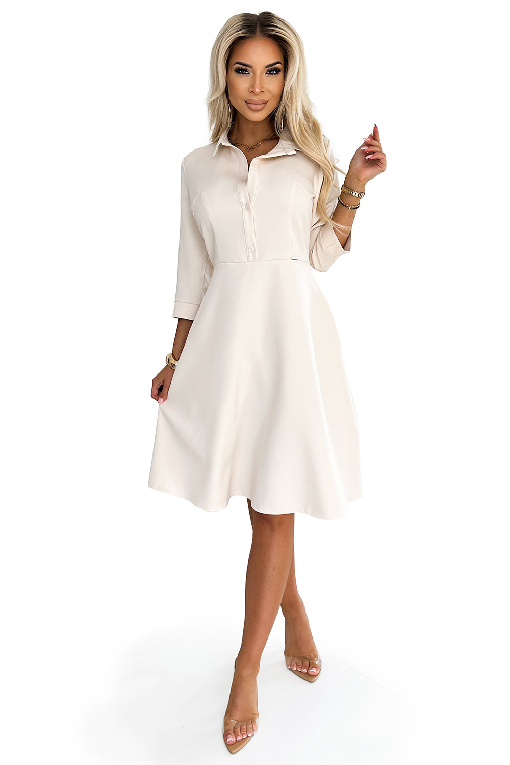 Numoco 286-7 SANDY Flared shirt dress with a belt - beige-5