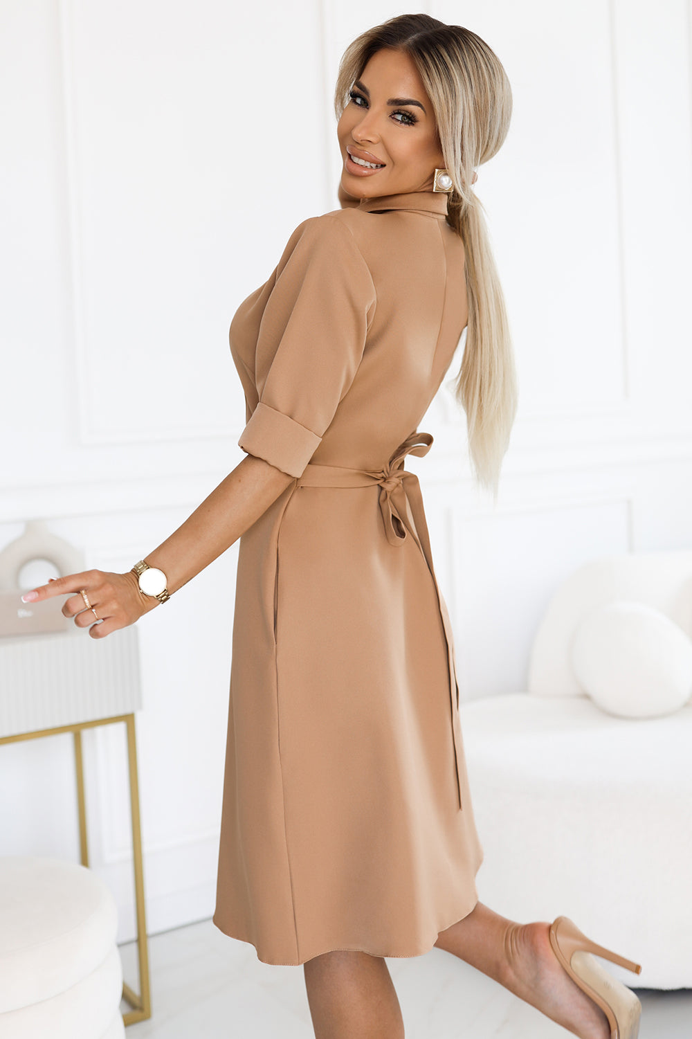 Numoco 286-8 SANDY Flared shirt dress with belt - MOCHA MOUSSE-2