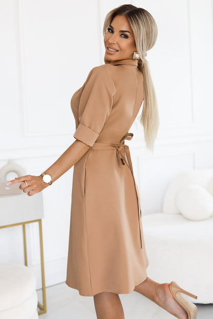 Numoco 286-8 SANDY Flared shirt dress with belt - MOCHA MOUSSE-2