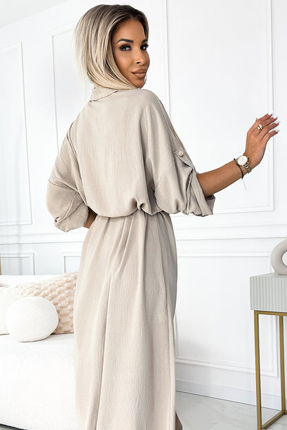 Numoco Basic 531-1 Midi shirt dress with gold buttons and ties - beige-4