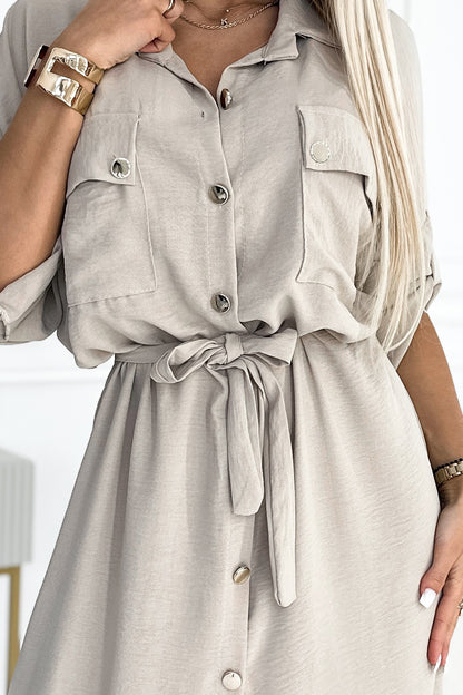Numoco Basic 531-1 Midi shirt dress with gold buttons and ties - beige-5