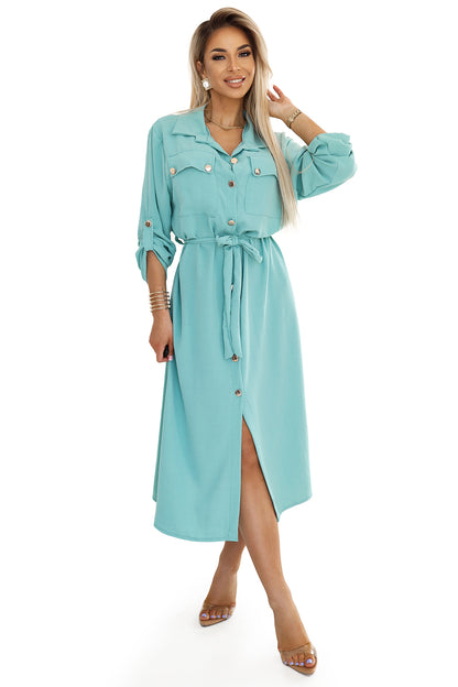 Numoco Basic 531-2 Midi shirt dress with gold buttons and ties - mint-7