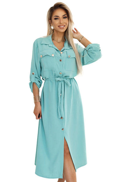 Numoco Basic 531-2 Midi shirt dress with gold buttons and ties - mint-6