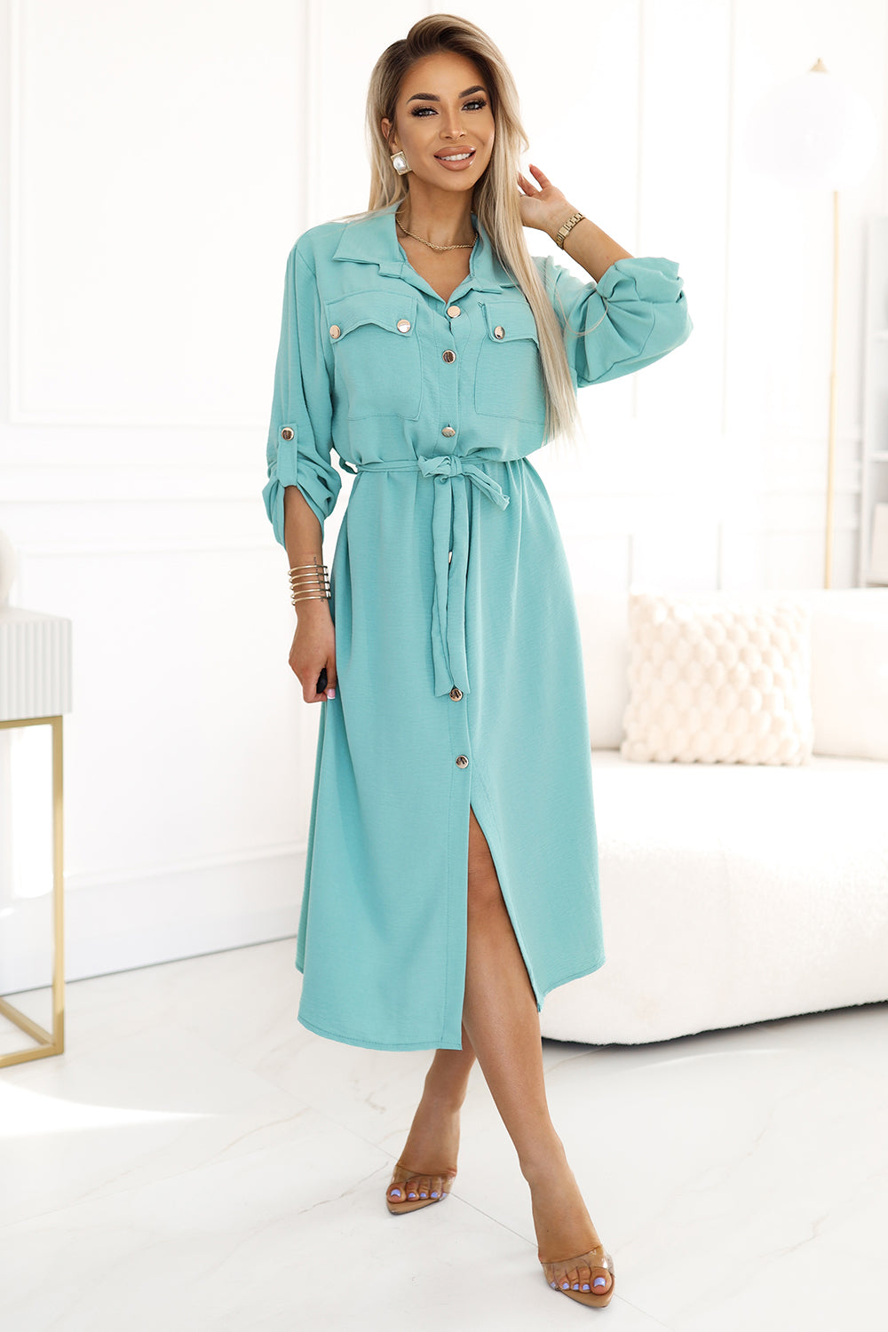 Numoco Basic 531-2 Midi shirt dress with gold buttons and ties - mint-2