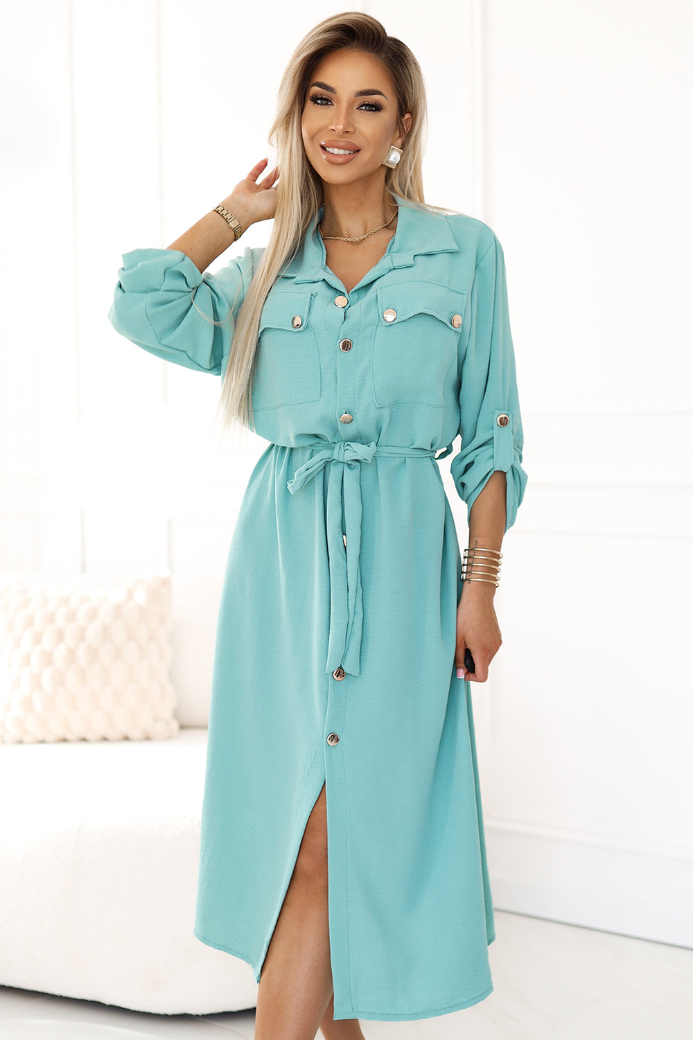 Numoco Basic 531-2 Midi shirt dress with gold buttons and ties - mint-4