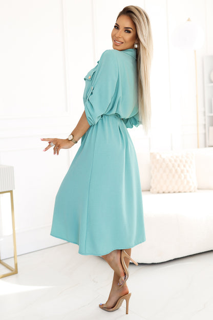Numoco Basic 531-2 Midi shirt dress with gold buttons and ties - mint-1