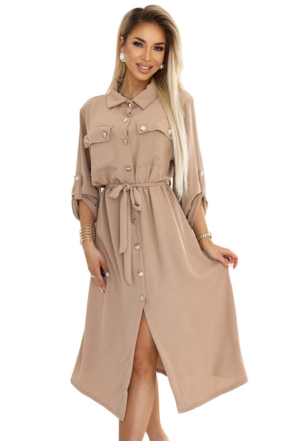 Numoco Basic 531-3 Midi shirt dress with gold buttons and ties - MOCHA MOUSSE-7