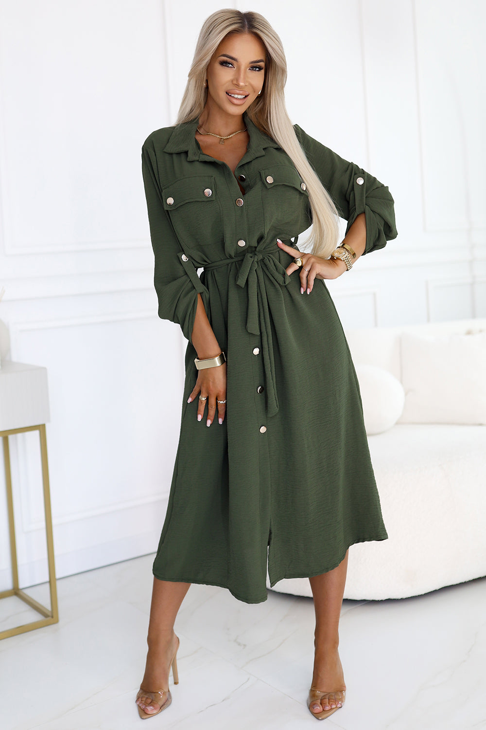 Numoco Basic 531-5 Midi Shirt Dress with Gold Buttons and Tie - KHAKI-1