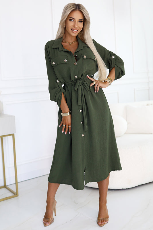 Numoco Basic 531-5 Midi Shirt Dress with Gold Buttons and Tie - KHAKI-1