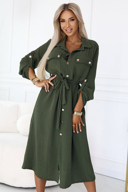 Numoco Basic 531-5 Midi Shirt Dress with Gold Buttons and Tie - KHAKI-3