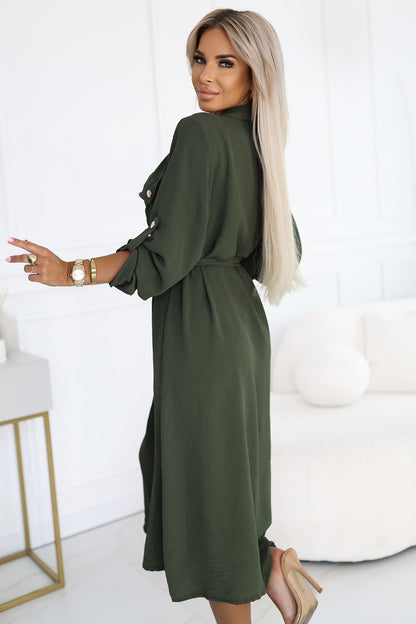 Numoco Basic 531-5 Midi Shirt Dress with Gold Buttons and Tie - KHAKI-2