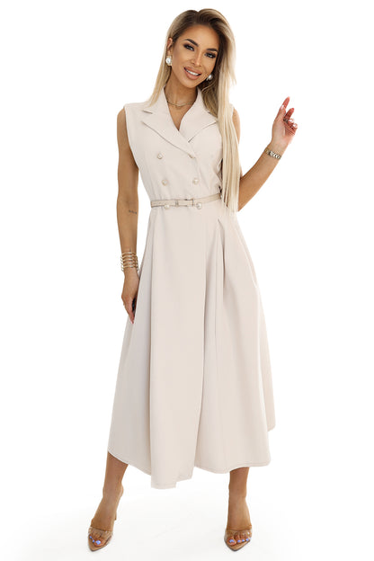Numoco Basic 596-1 Elegant midi shirt dress with gold buttons and belt - beige-6
