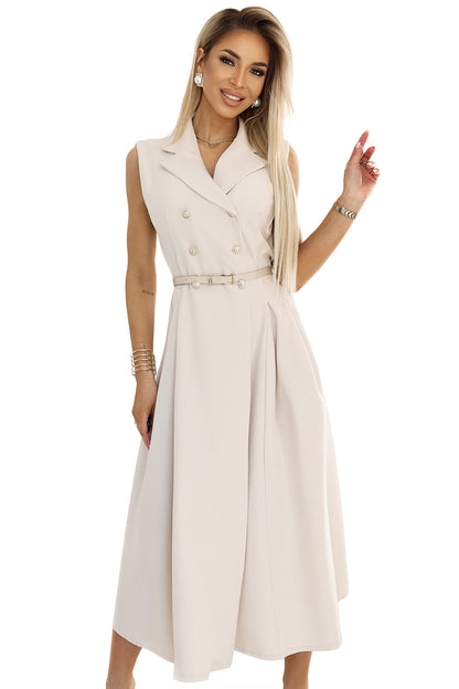 Numoco Basic 596-1 Elegant midi shirt dress with gold buttons and belt - beige-7
