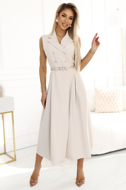 Numoco Basic 596-1 Elegant midi shirt dress with gold buttons and belt - beige-3