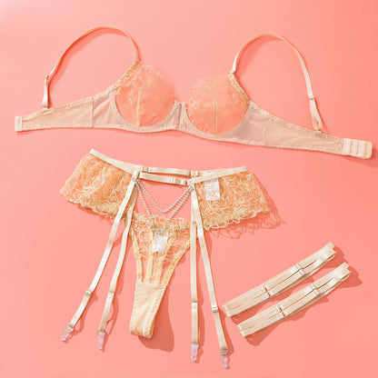 Bisque Sheer Lace Garter Lingerie Ensemble Over View