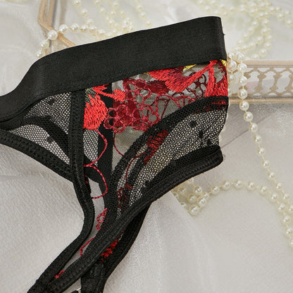 Wholesale Embroidered Mesh 3-Piece Bra and Panty Set with Red Floral-8