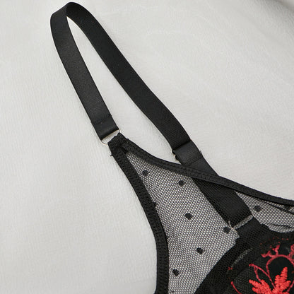 Embroidered Mesh 3-Piece Bra and Panty Set with Red Floral Strapy Details