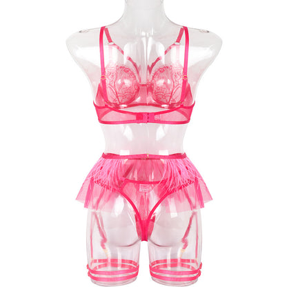 Hot Pink Sexy Sheer Floral Lace Bra Set with Tassel Girdle Back View