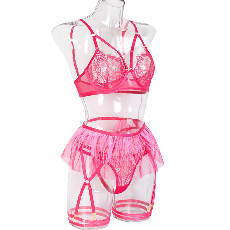 Hot Pink Sexy Sheer Floral Lace Bra Set with Tassel Girdle Side View