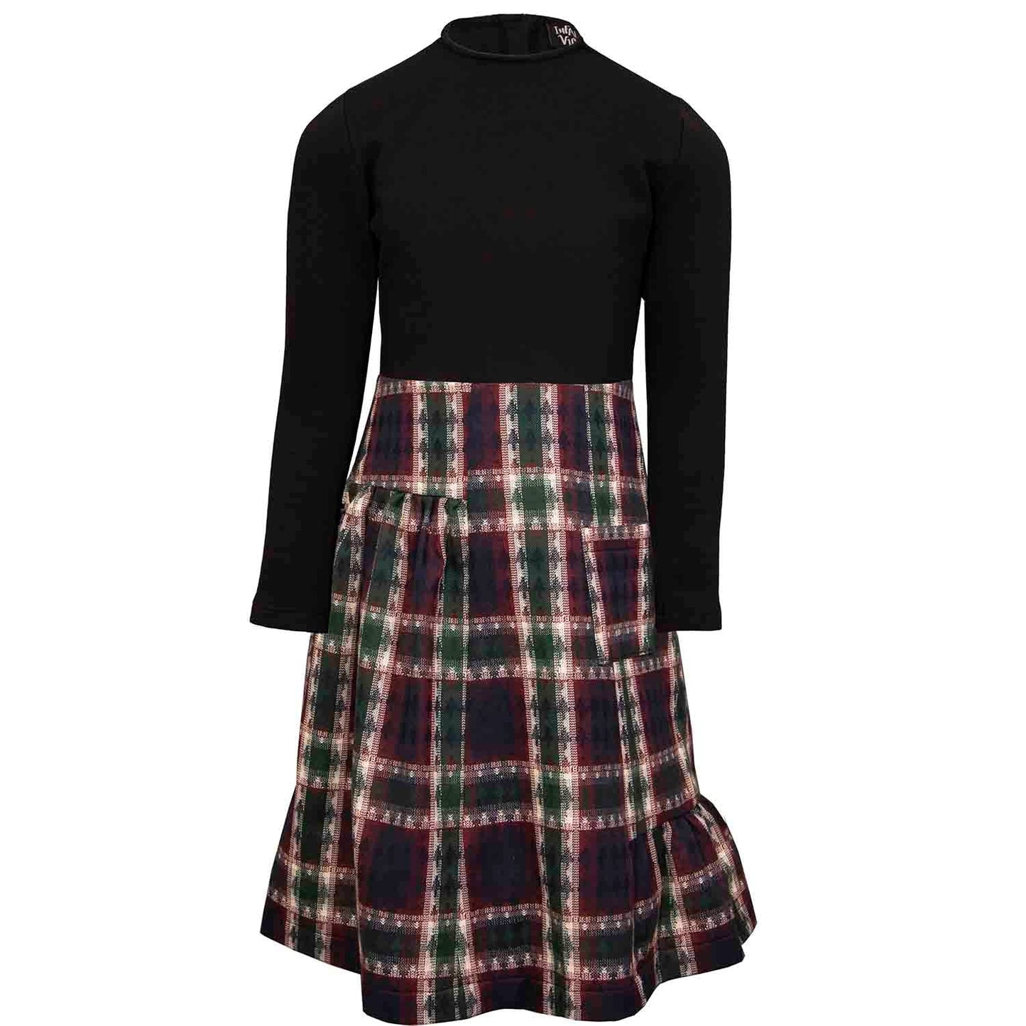 Black Dress with Tartan Skirt in Red & Green-0