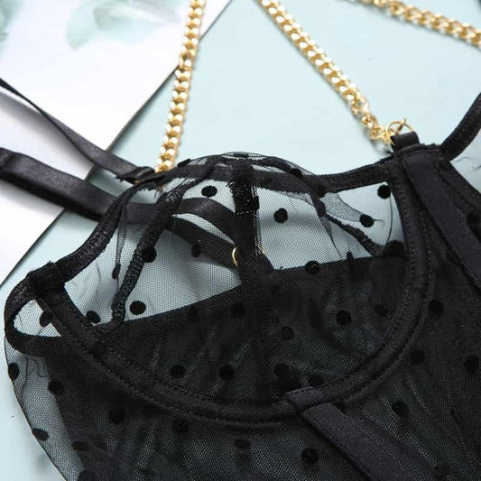 Mesh Polka Dot Ruffle Bustier Bra Set-10