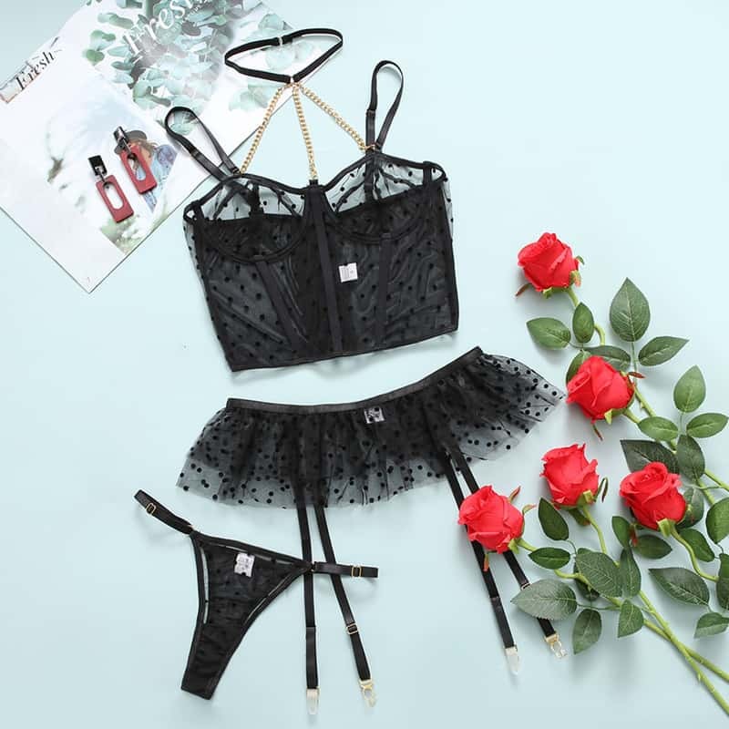 Lace Polka Dot Ruffle Bustier Bra Set Over VIew